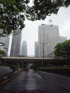 雨の高層ビル街